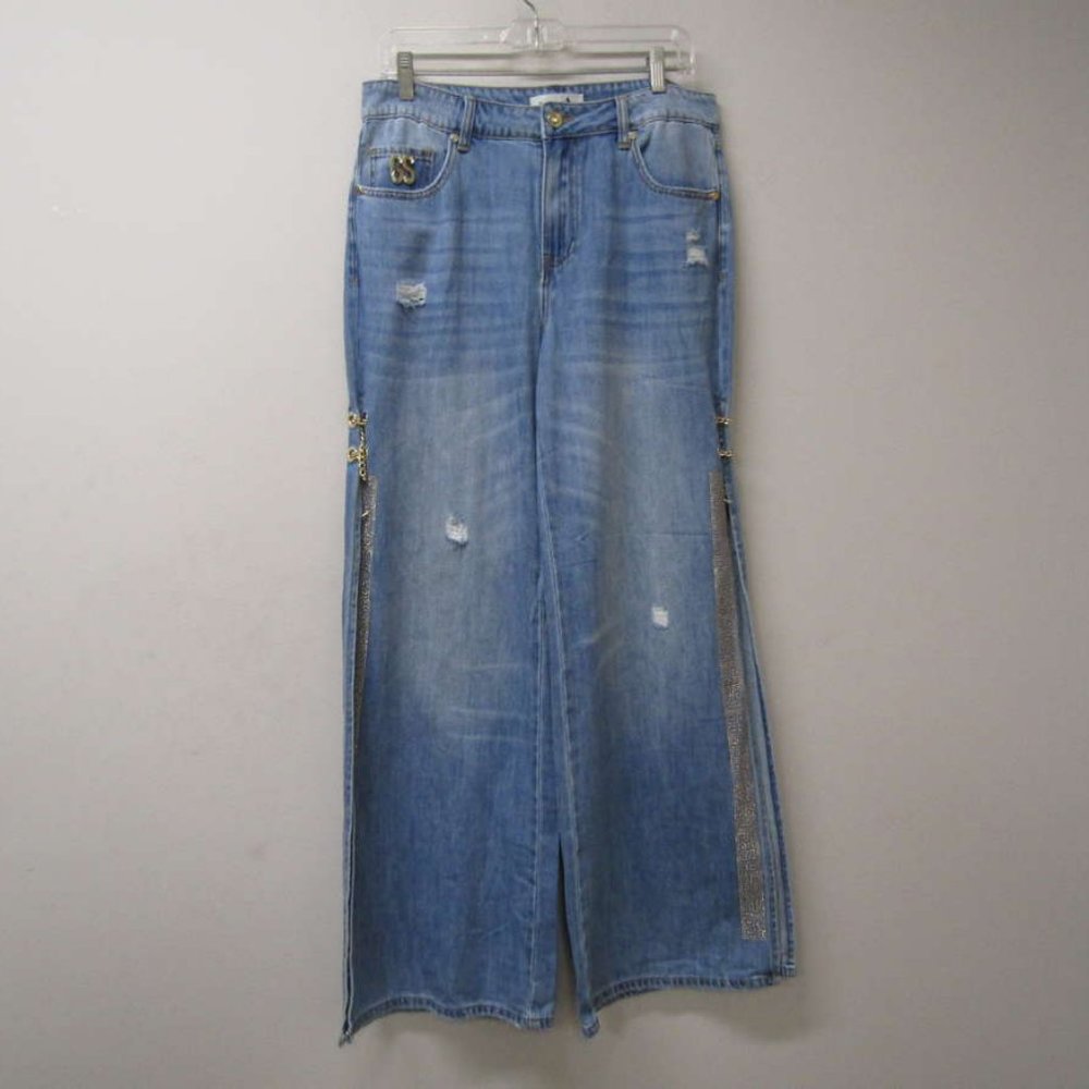 Festy jeans, gold trim Martina jeans with long side slit crop wide leg